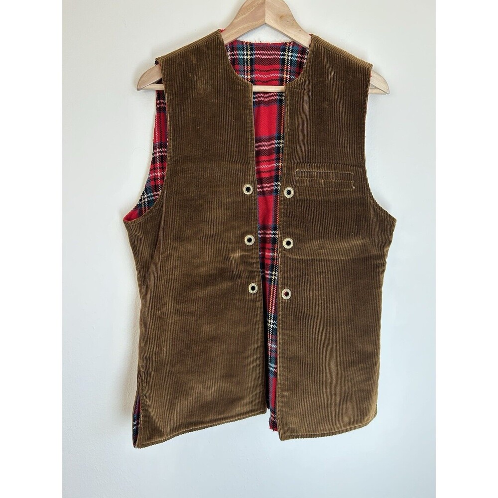 Woolrich Men’s S Vest Vintage Corduroy Wool Plaid Lined Brown Vtg Red Fisherman